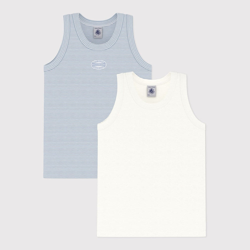 Petit Bateau Set Van 2 Onderhemdjes Zonder Mouwen Voor Jongens - Wit/Lichtblauw Gestreept & Wit