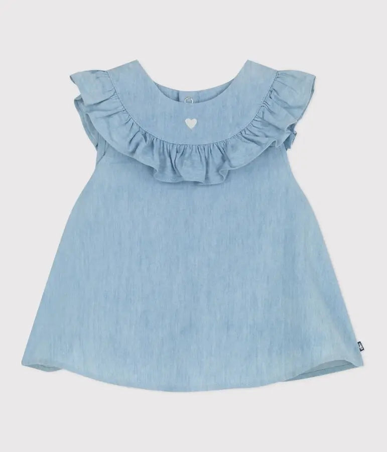 Petit Bateau | Katoenen babybloesje zonder mouwen in geborduurde chambray