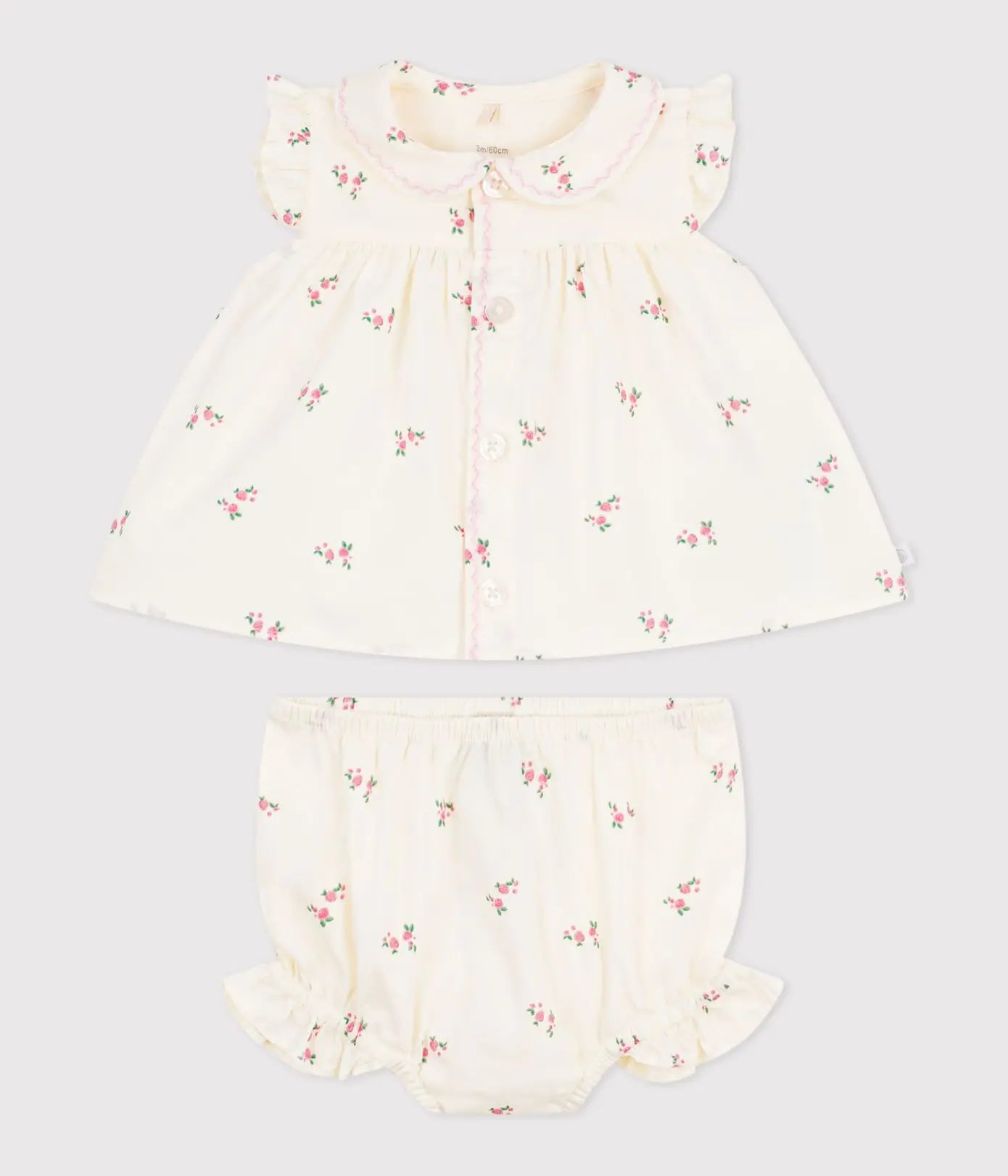 Petit Bateau | Tweedelig katoenen babysetje, met een bloesje en pofbroekje bloemenprint