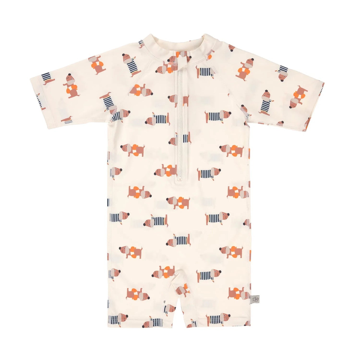 Lässig Kinderzwempak met Korte Mouwen (UV-bescherming) - Beige met hondjesprint