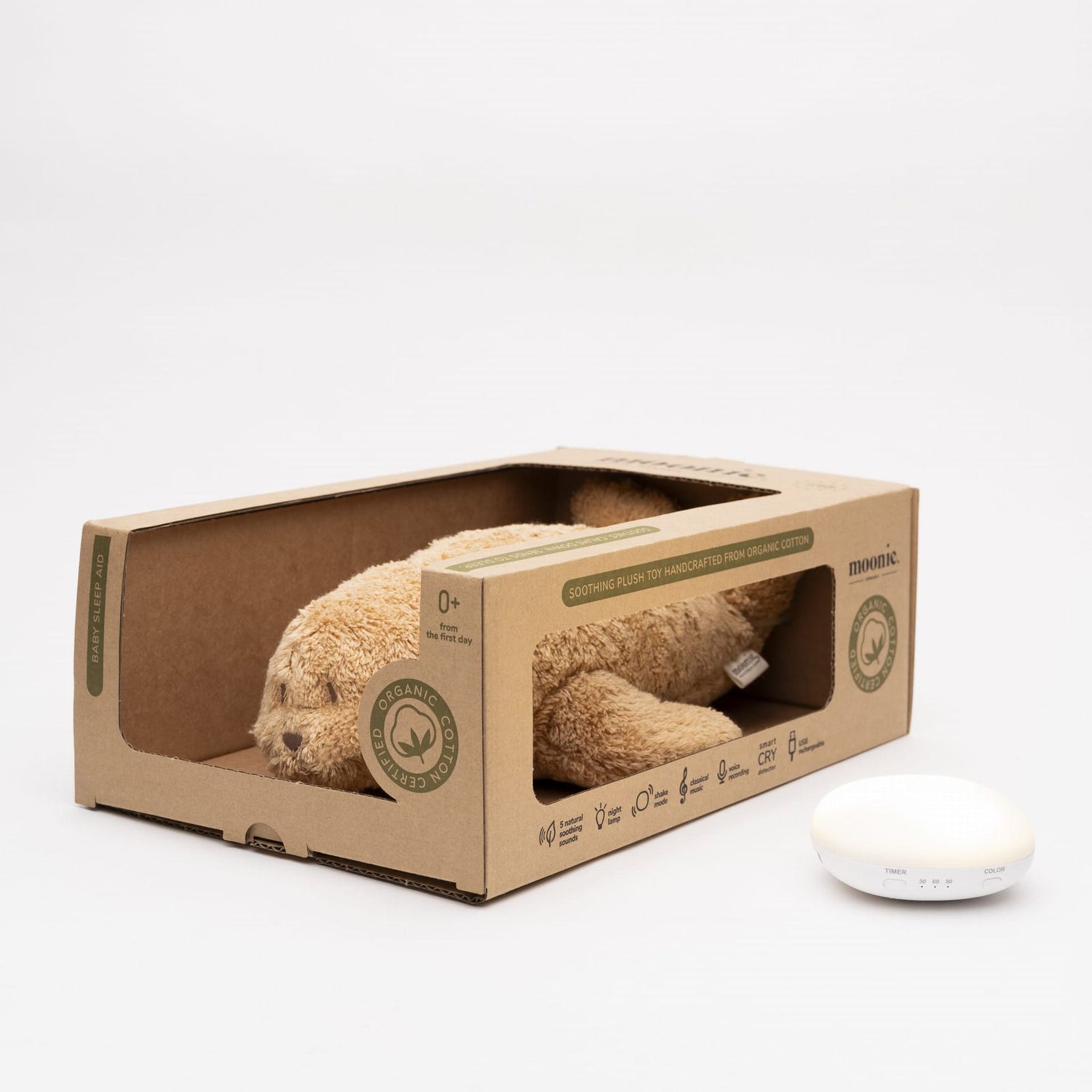 Moonie Knuffel - The Humming Seal Organic 2.0 - Cappuccino Natur  | Witte Ruis Zeehond Met Lichtje
