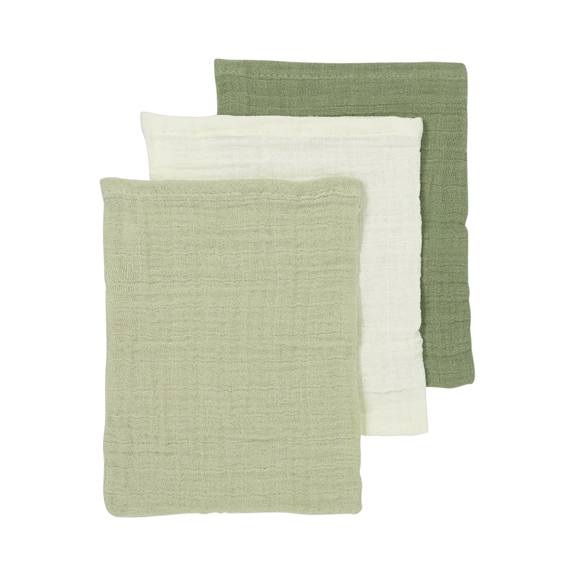 Meyco Hydrofiele Washandje pre-washed 3-pack - Natural/Soft Olive/Olive Green