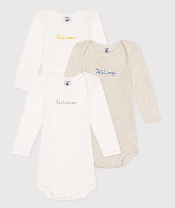 Petit Bateau Setje Met 3 Katoenen Body's Met Lange Mouw En Opschrift Voor Baby's