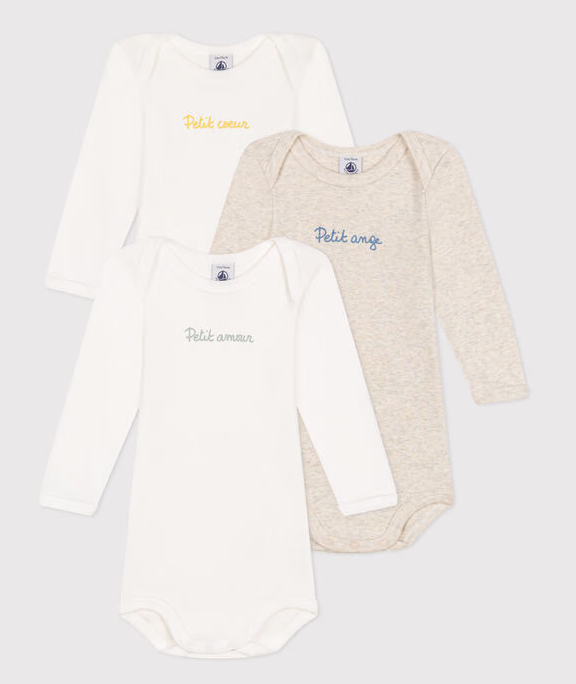 Petit Bateau Setje Met 3 Katoenen Body's Met Lange Mouw En Opschrift Voor Baby's