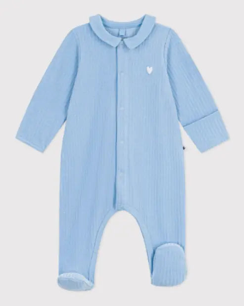 Petit Bateau Fluwelen babypyjama met effen kraag - Blauw