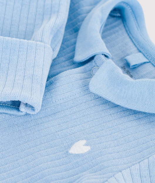 Petit Bateau Fluwelen babypyjama met effen kraag - Blauw