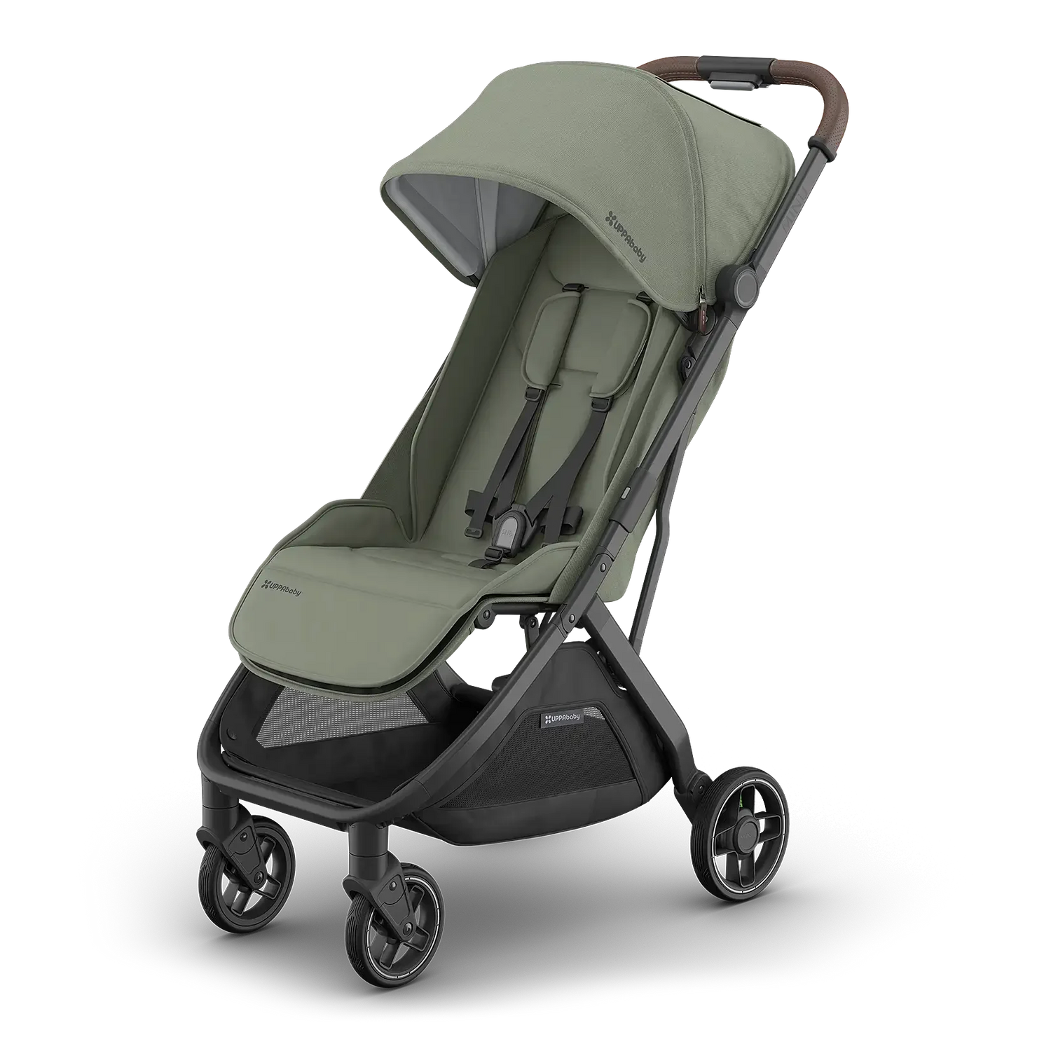 Uppababy Minu V3 Compact Stroller Evelyn (Meadow Green) Carbon Frame Met Kastanje Bruin Leer