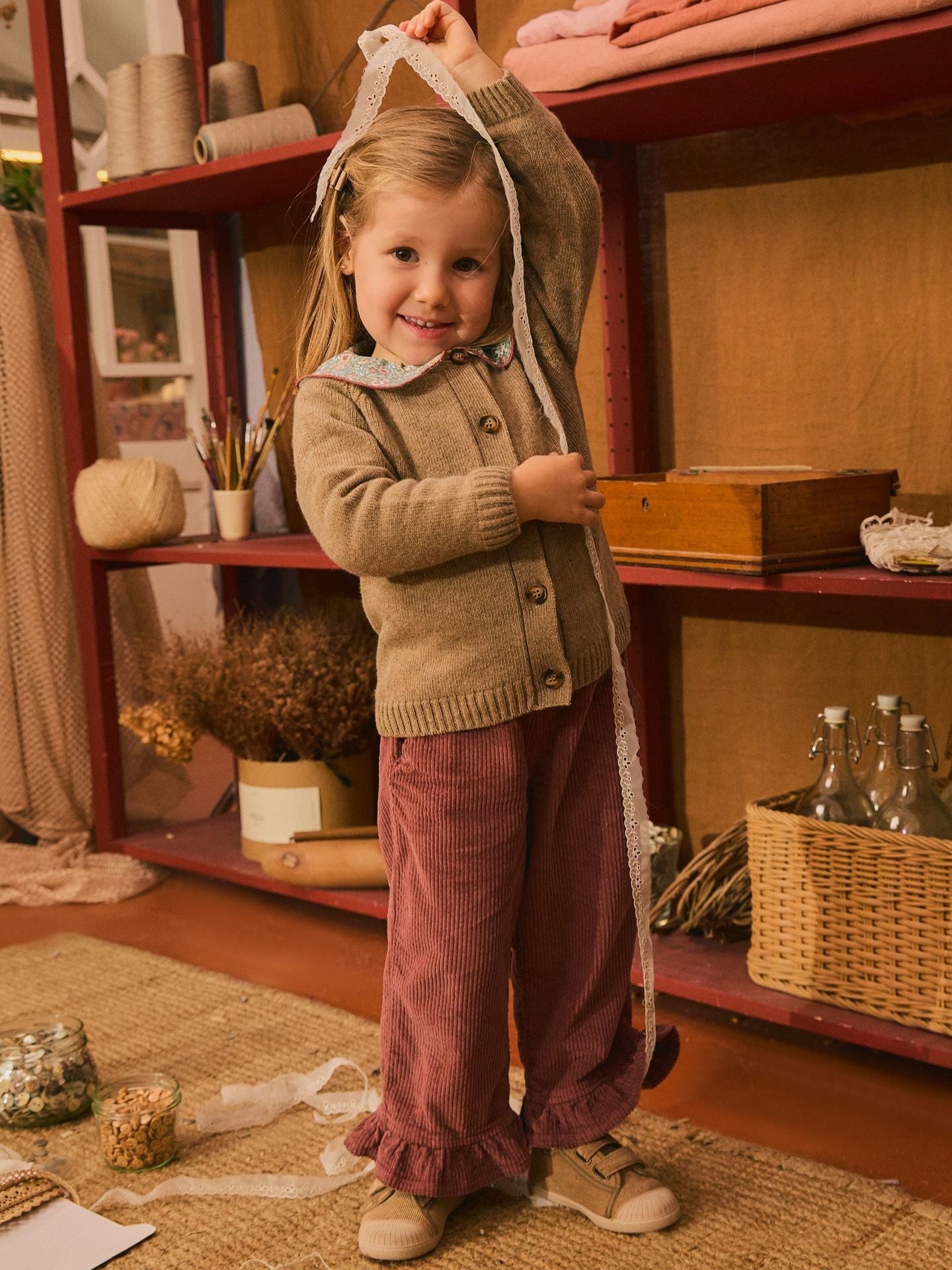 Laranjinha Ribfluwelen Broek Met Ruches - Bordeaux