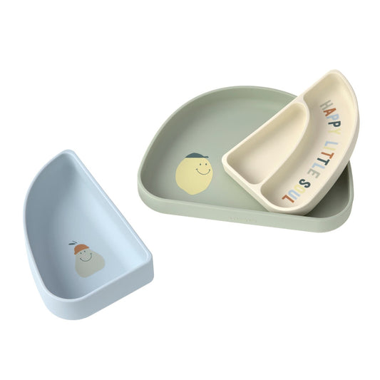 LÄSSIG Silicone Section Dish Set – Regenboogvormige kinderserviesset Happy Fruits Lemon