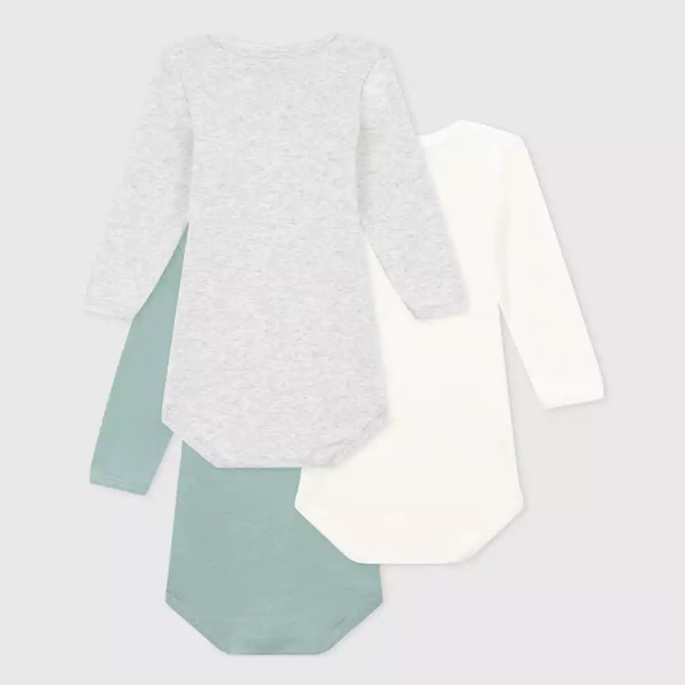 Lot de 3 bodys manches longues en coton - Vert/Gris/Blanc