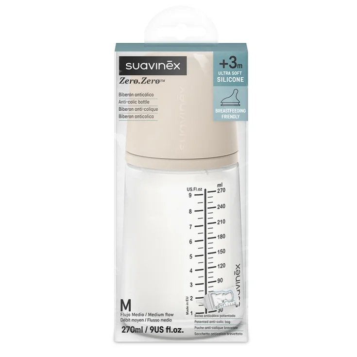 Suavinex - Anti-Koliek Zero.Zero Zuigfles - Medium Flow M - 270ml - +3m - Sand