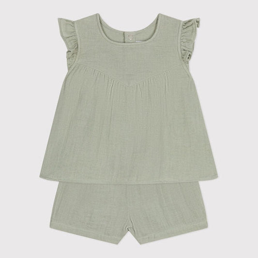Luchtig katoentetra babyensemble met korte blouse en shortje